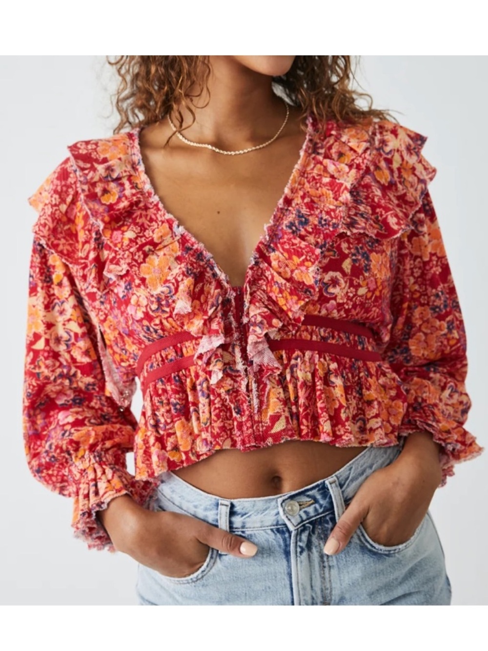 Free People Floral Rudi Ruffle Top Size Small NWT Cherry Combo